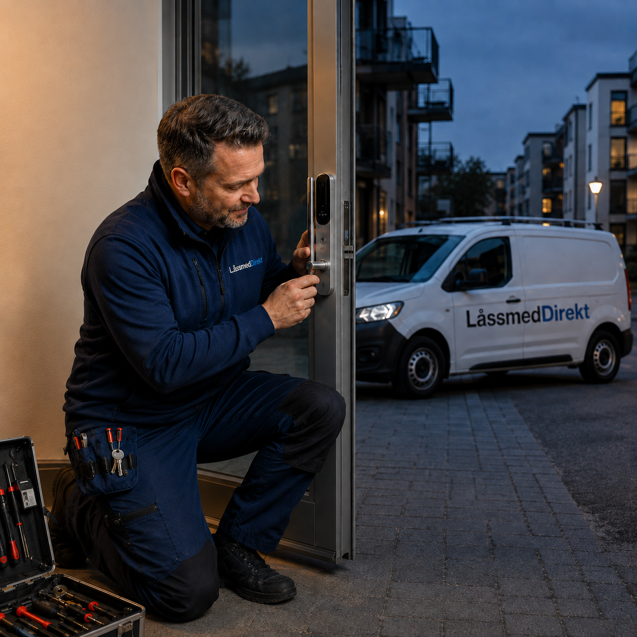 Låssmed från LåssmedDirekt installerar ett digitalt lås på en ytterdörr, med servicebil i bakgrunden